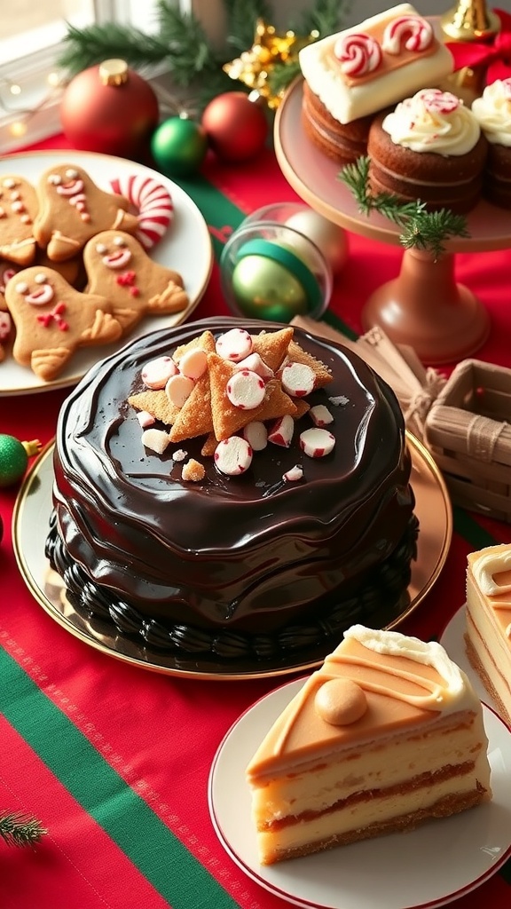 A collection of 90s Christmas desserts: chocolate cake, gingerbread cookies, and eggnog cheesecake on a festive table.